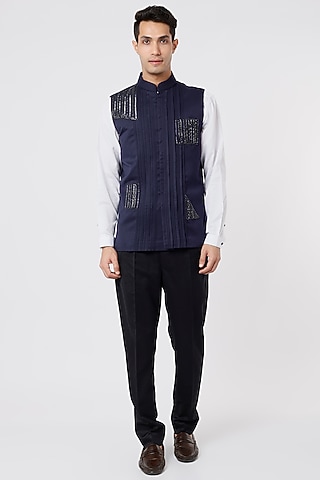 Navy Blue Embroidered Nehru Jacket by AGRAJAIN