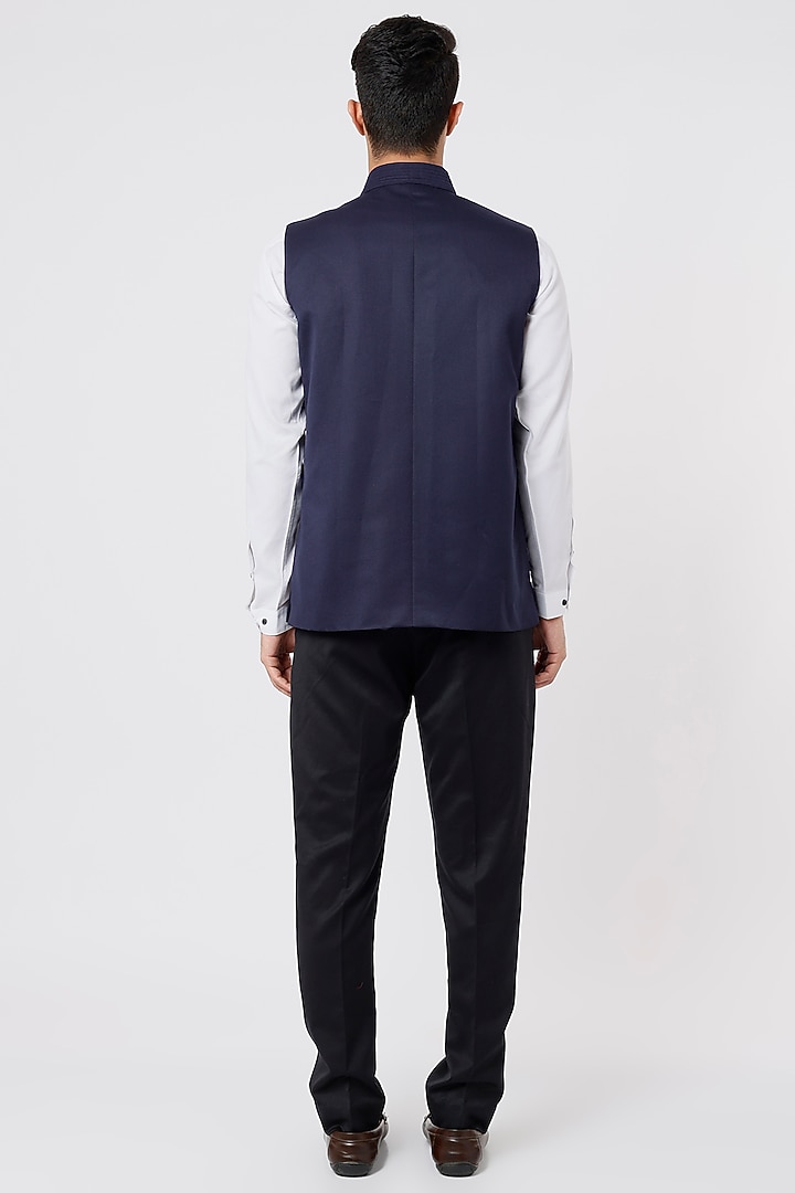 Navy Blue Embroidered Nehru Jacket by AGRAJAIN at Pernia's Pop Up Shop