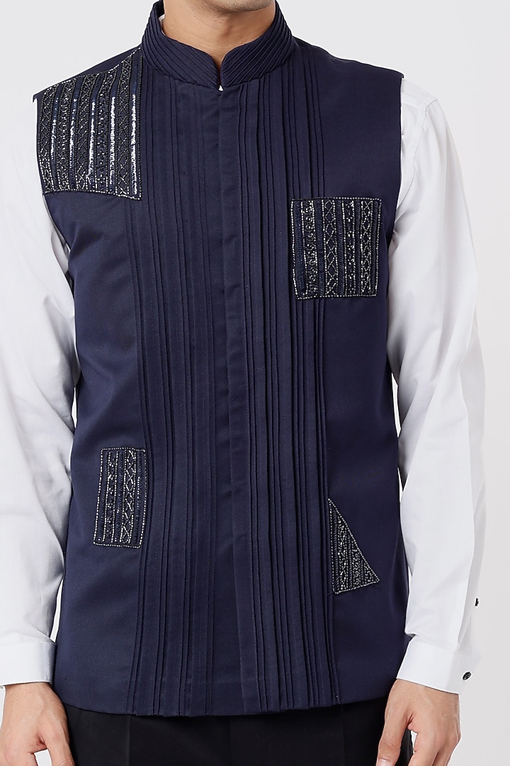 Navy Blue Embroidered Nehru Jacket by AGRAJAIN at Pernia's Pop Up Shop