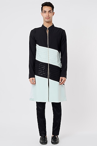 Black & Aqua Hand Embroidered Kurta Set by AGRAJAIN