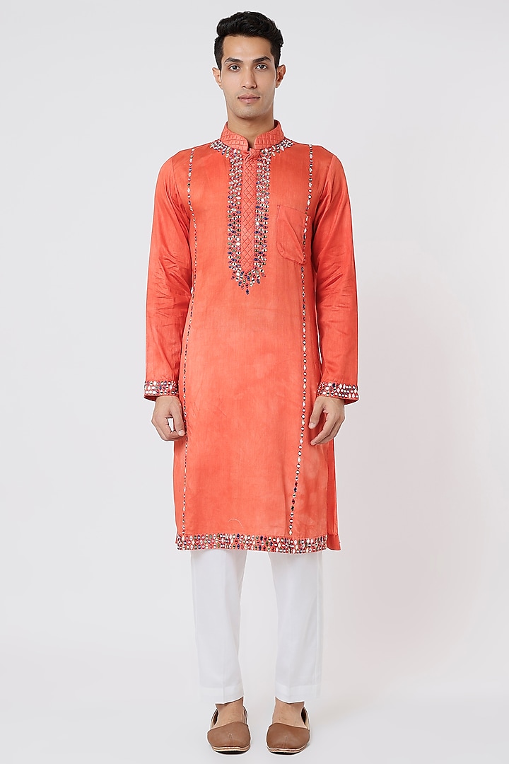 Orangish Red Hand Embroidered Kurta Set by AGRAJAIN