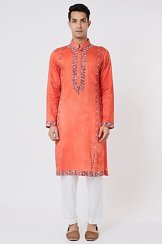 Orangish Red Hand Embroidered Kurta Set by AGRAJAIN