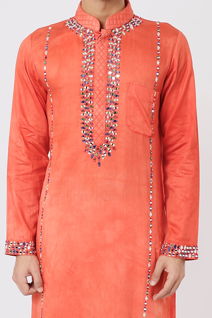 Orangish Red Hand Embroidered Kurta Set by AGRAJAIN at Pernia's Pop Up Shop