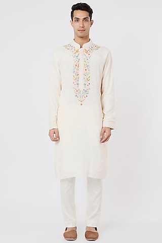 Peach-Ivory Hand Embroidered Kurta Set by AGRAJAIN