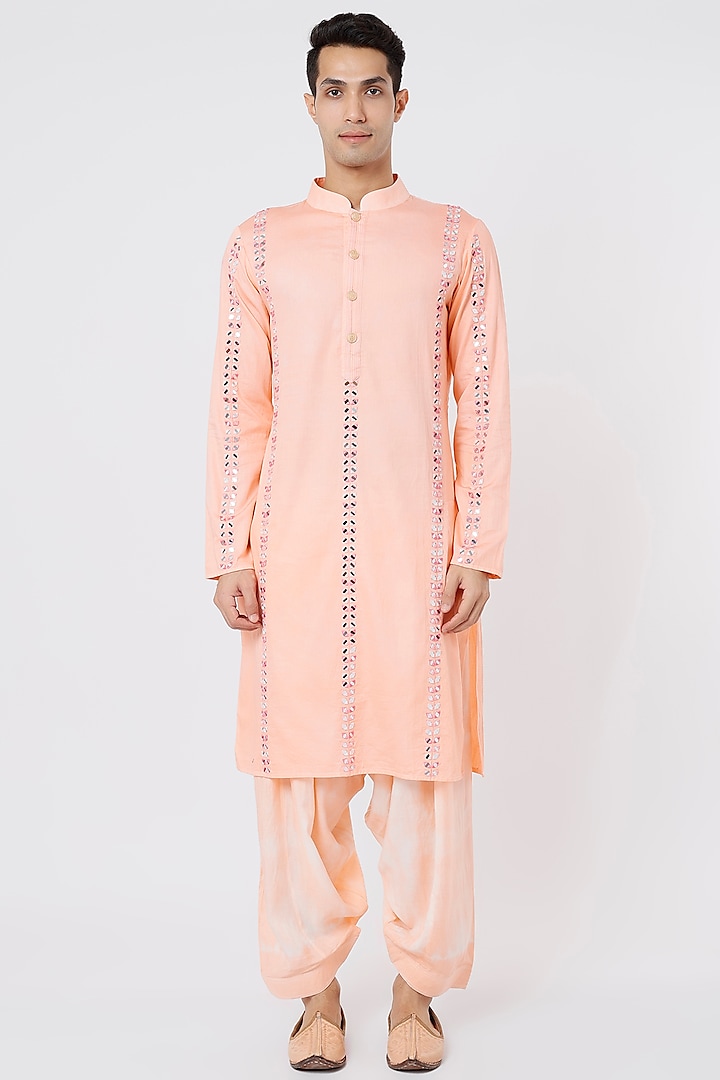 Peach Hand Embroidered Kurta Set by AGRAJAIN