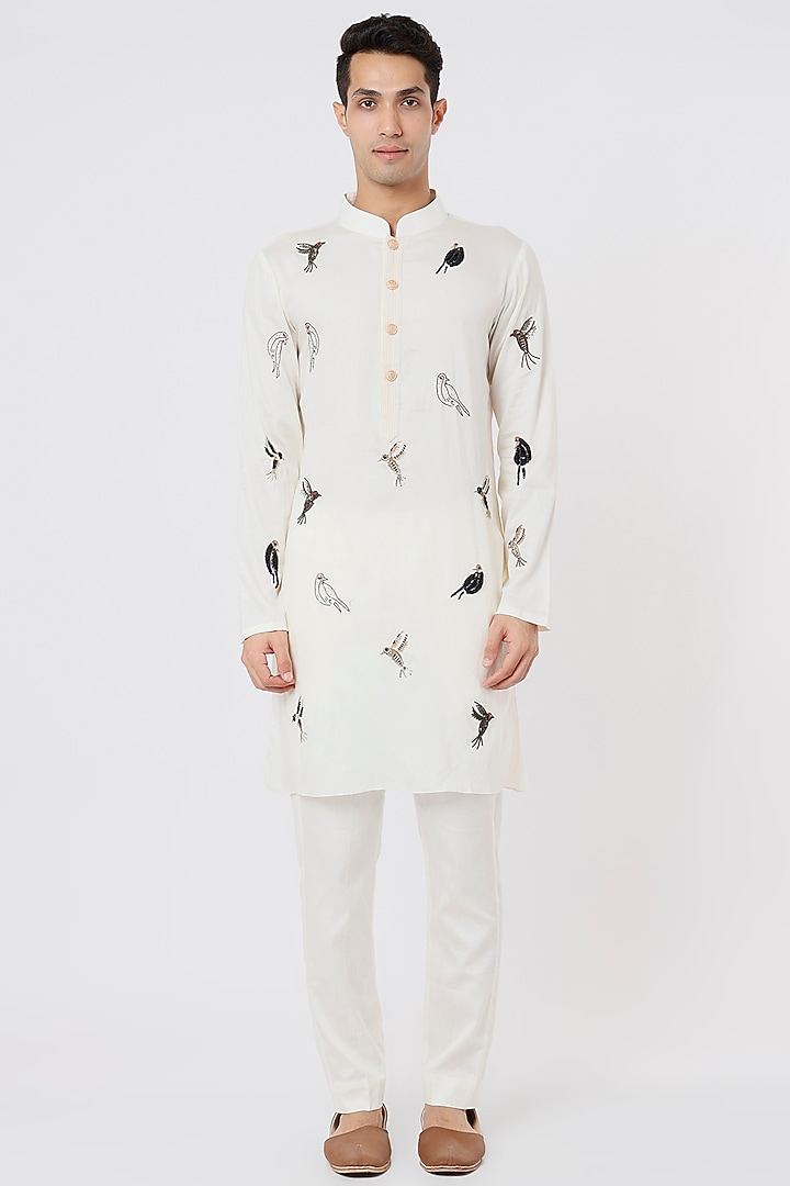 Ivory Hand Embroidered Kurta Set by AGRAJAIN at Pernia's Pop Up Shop