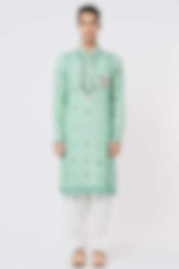 Aqua Green Hand Embroidered Kurta Set by AGRAJAIN