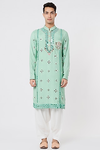 Aqua Green Hand Embroidered Kurta Set by AGRAJAIN