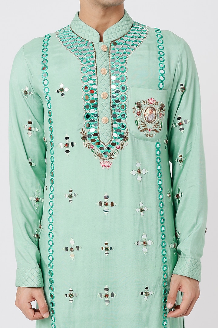 Aqua Green Hand Embroidered Kurta Set by AGRAJAIN at Pernia's Pop Up Shop