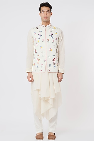 Ivory Draped Kurta Set With Nehru Jacket by AGRAJAIN