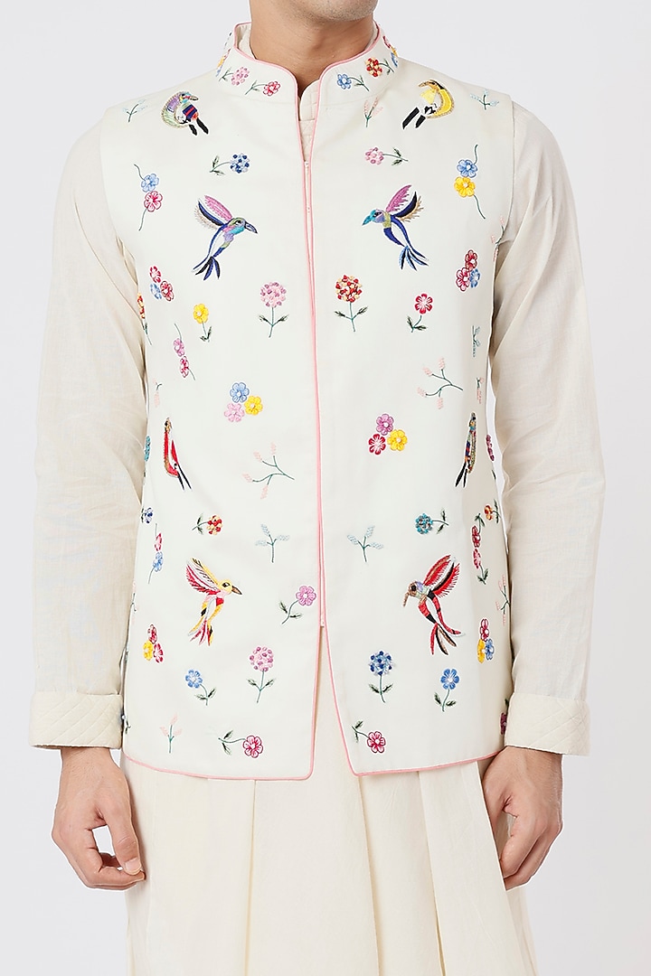 Ivory Draped Kurta Set With Nehru Jacket by AGRAJAIN at Pernia's Pop Up Shop
