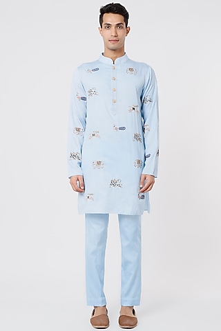 Cobalt Blue Hand Embroidered Kurta Set by AGRAJAIN