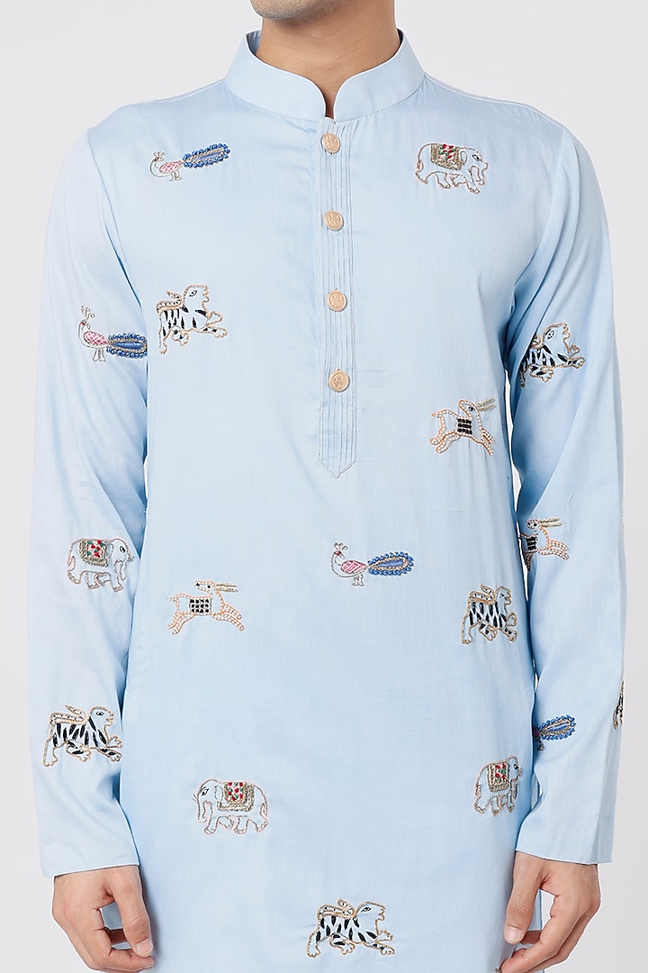 Cobalt Blue Hand Embroidered Kurta Set by AGRAJAIN at Pernia's Pop Up Shop
