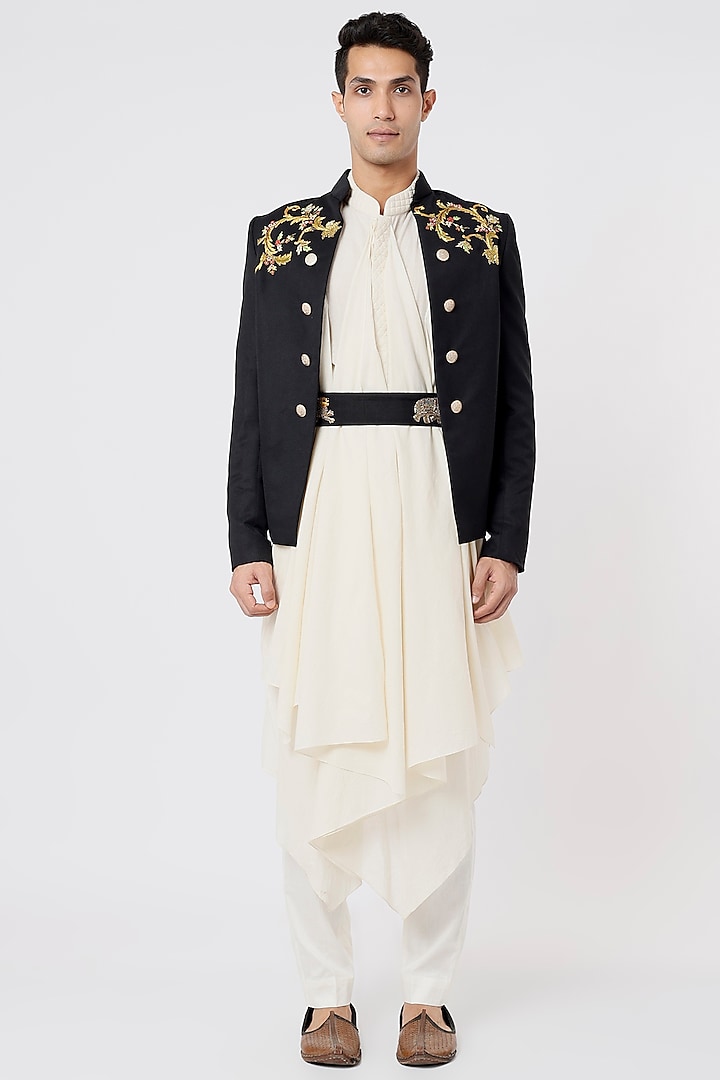 Black Embroidered Achkan Jacket by AGRAJAIN