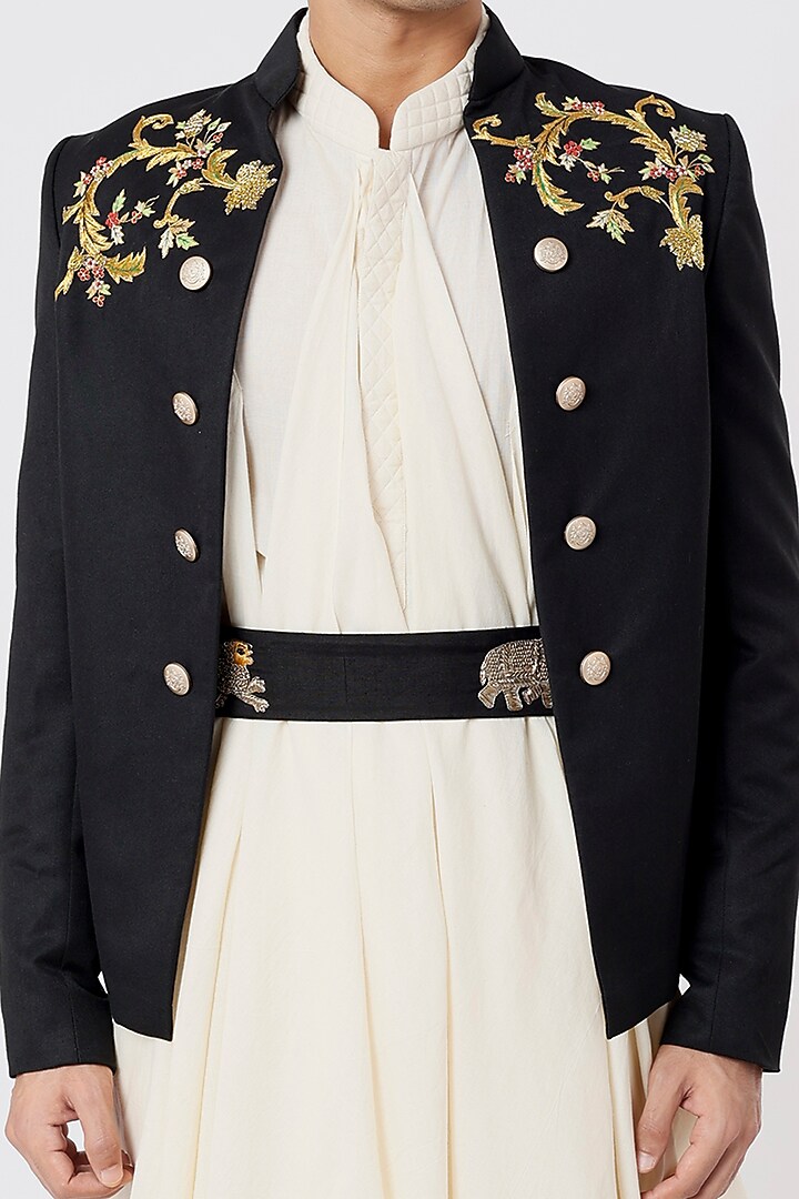 Black Embroidered Achkan Jacket by AGRAJAIN at Pernia's Pop Up Shop