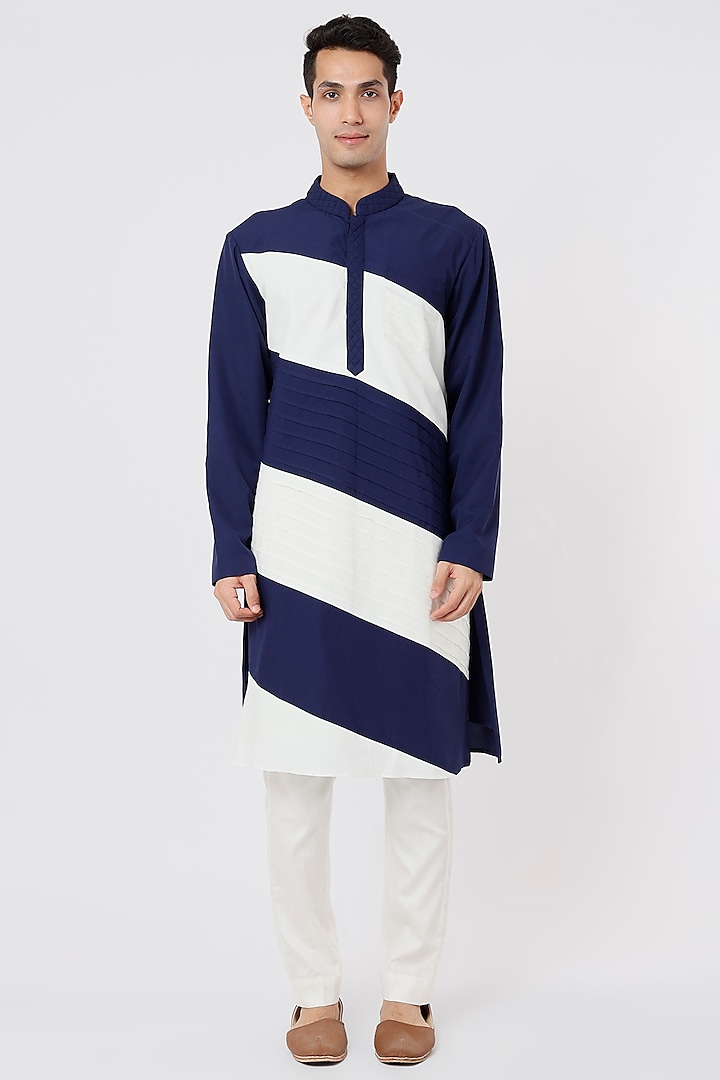 Navy Blue & Ivory Cotton Viscose Kurta Set by AGRAJAIN