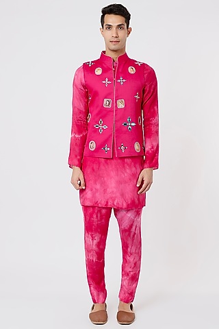 Rani Pink Tie-Dyed Kurta Set With Nehru Jacket by AGRAJAIN