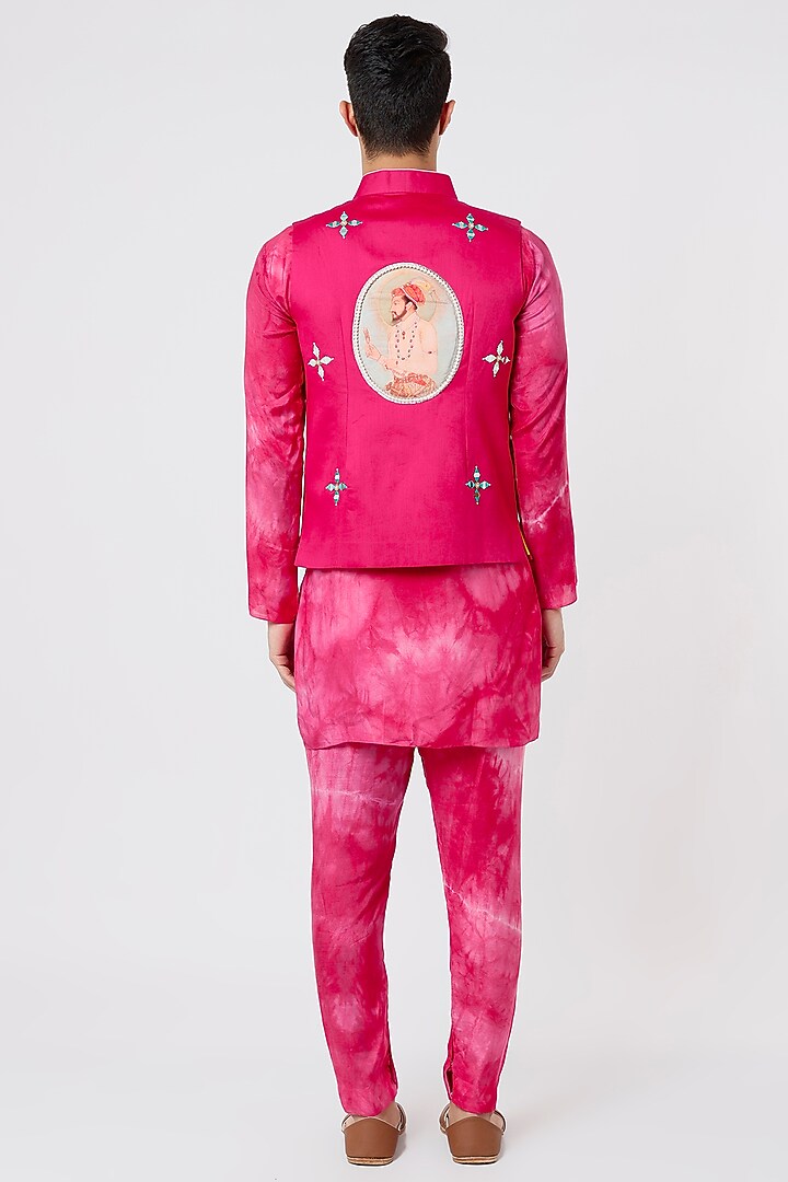 Rani Pink Tie-Dyed Kurta Set With Nehru Jacket by AGRAJAIN at Pernia's Pop Up Shop