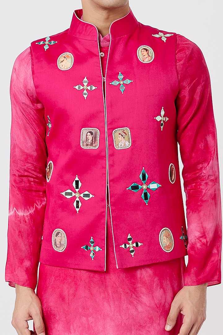Rani Pink Tie-Dyed Kurta Set With Nehru Jacket by AGRAJAIN at Pernia's Pop Up Shop