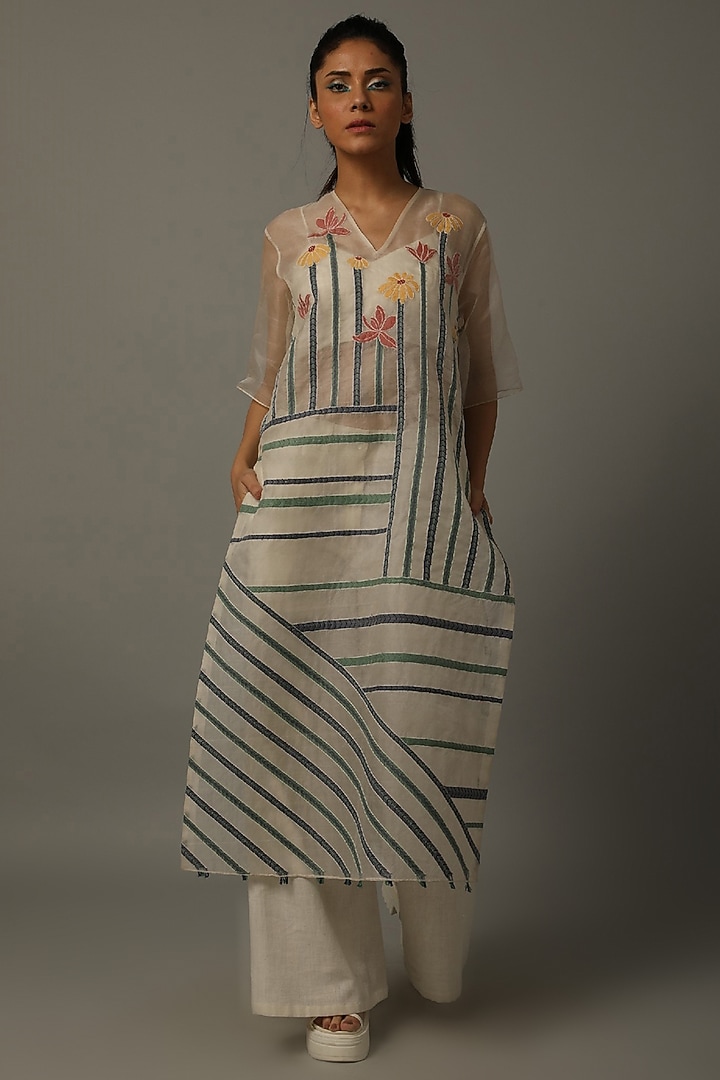 Ivory Embroidered Tunic With Palazzo Pants by AMITA GUPTA SUSTAINABLE at Pernia's Pop Up Shop