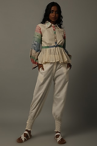 Ivory Jamdani Top With Pants by AMITA GUPTA SUSTAINABLE
