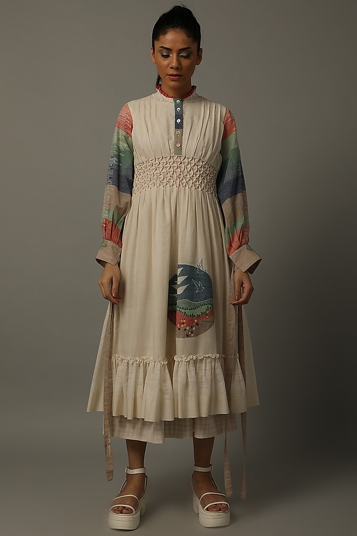 Ivory Hand Embroidered Jamdani Dress by AMITA GUPTA SUSTAINABLE