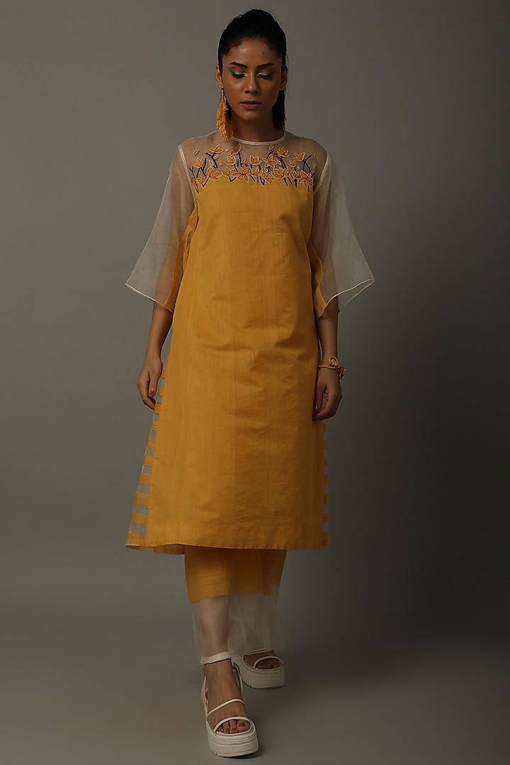 Yellow Embroidered Tunic With Trousers by AMITA GUPTA SUSTAINABLE