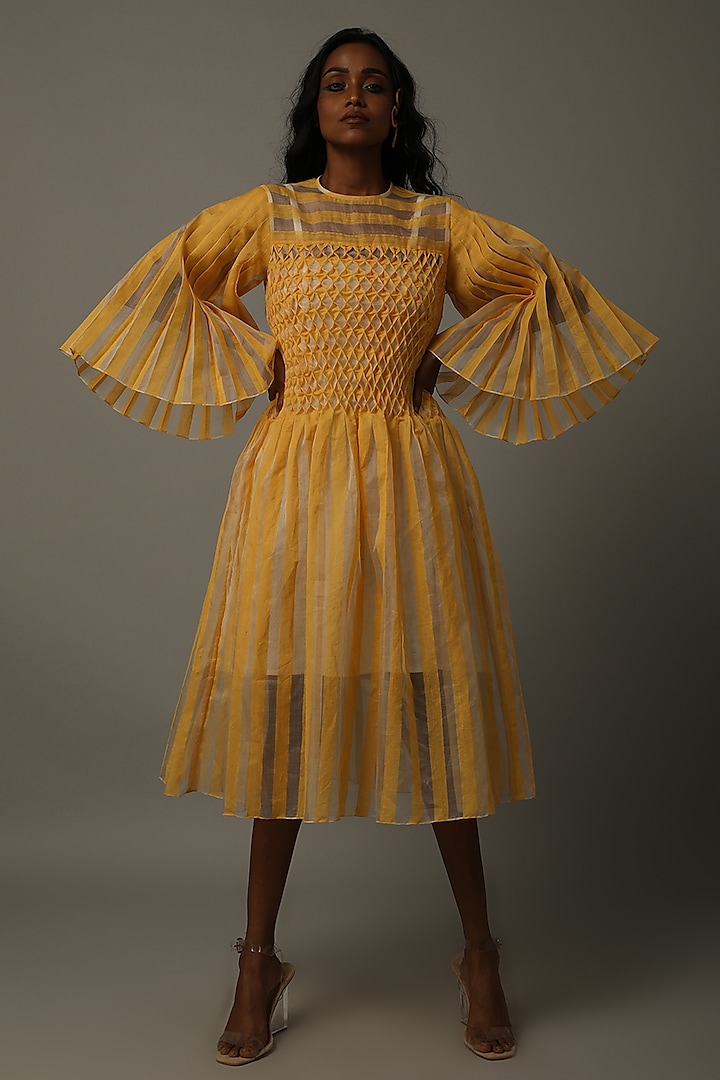 Yellow Smocked Dress With Slip by AMITA GUPTA SUSTAINABLE