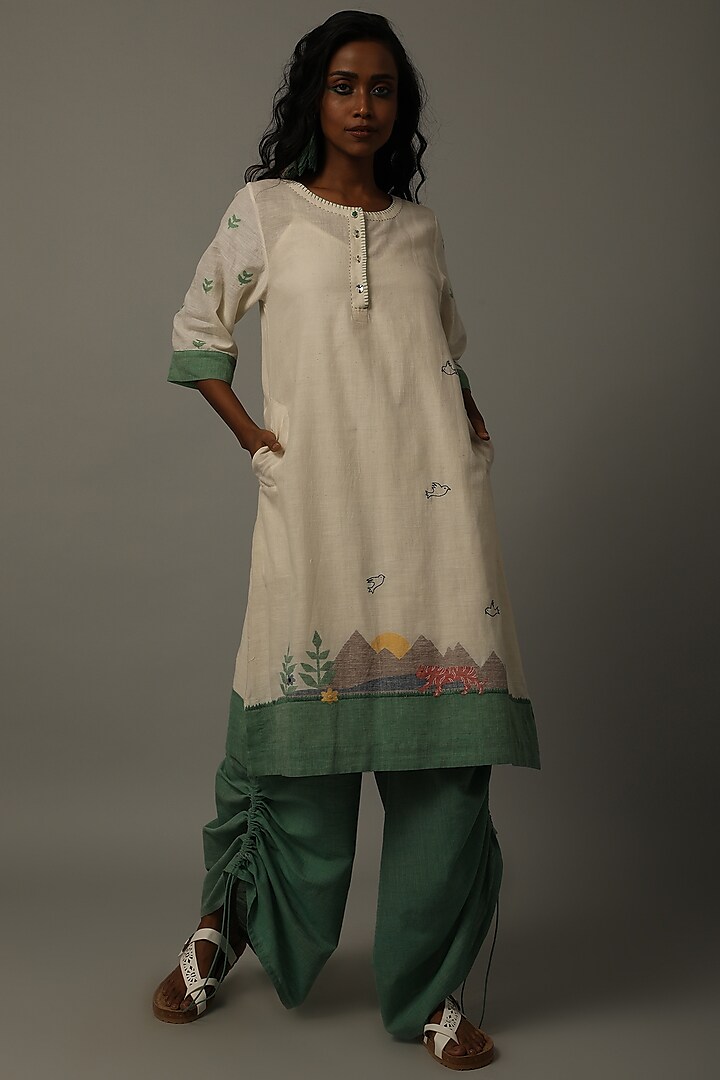 Ivory & Green Embroidered Tunic With Pants by AMITA GUPTA SUSTAINABLE