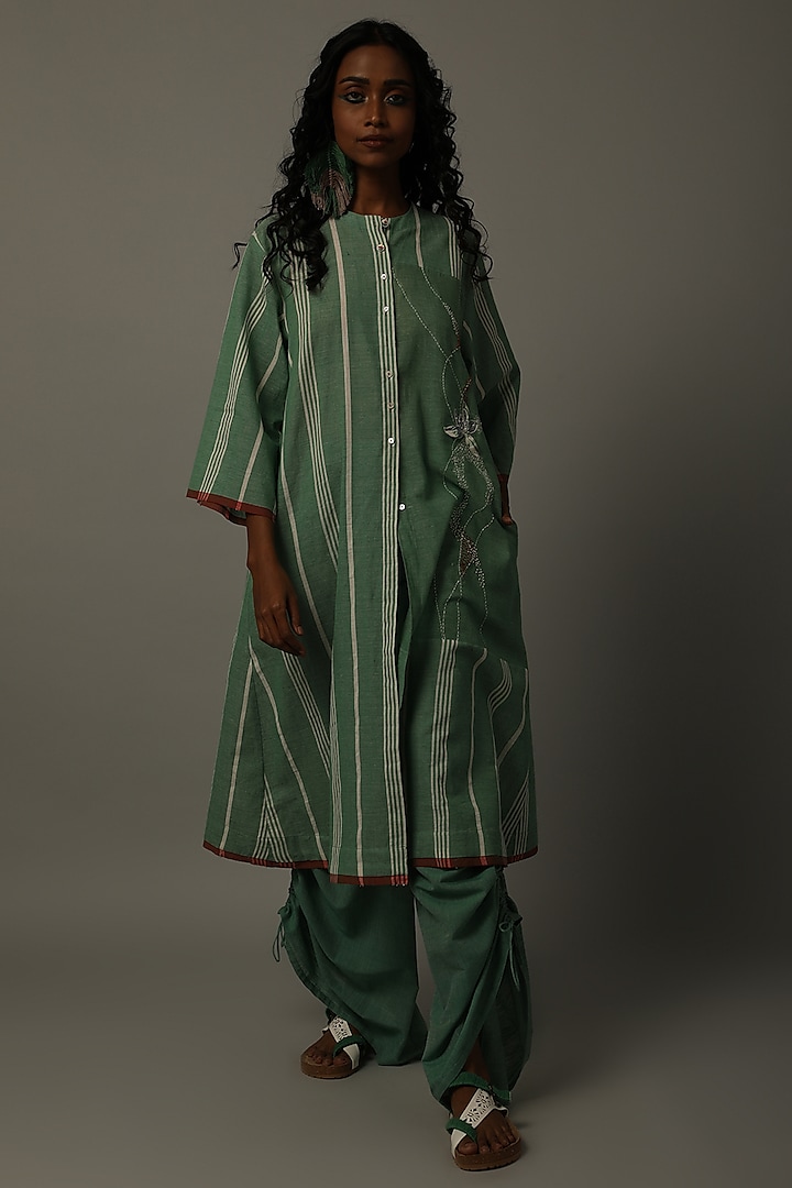 Green Hand Embroidered Tunic With Pants by AMITA GUPTA SUSTAINABLE