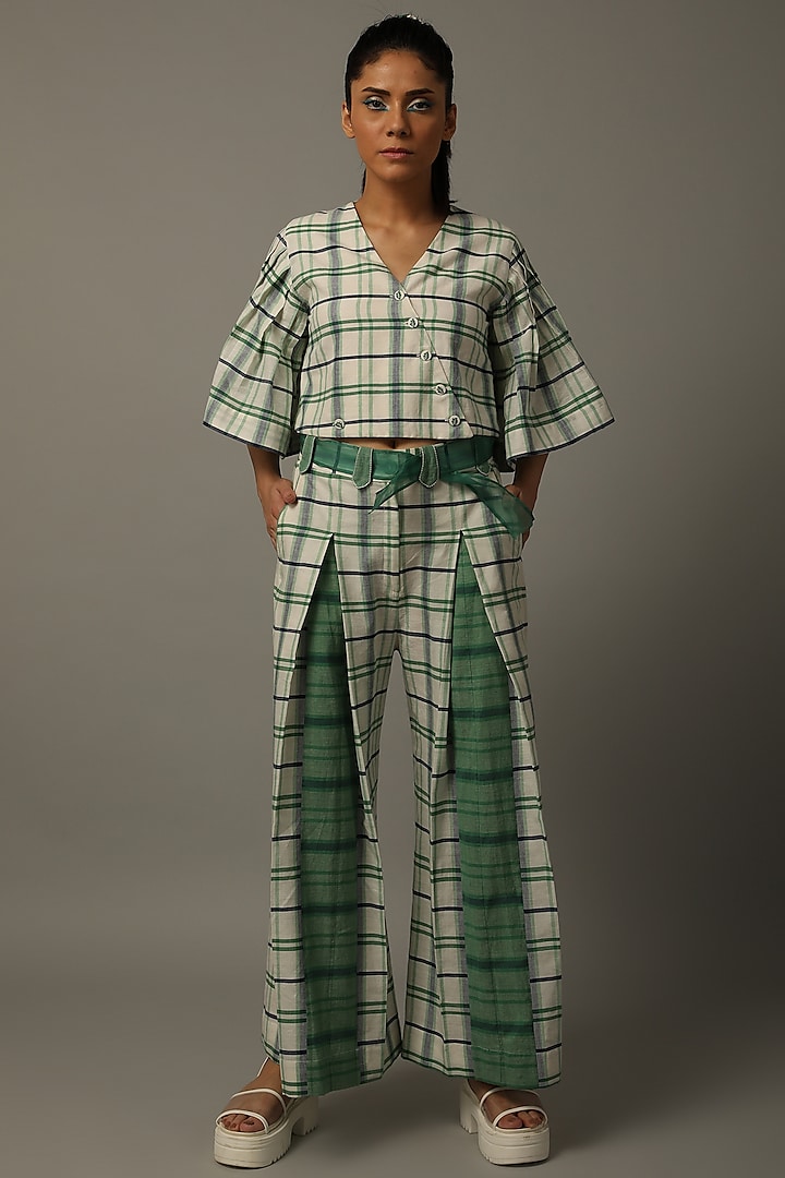 Ivory & Green Checkered Top With Pants by AMITA GUPTA SUSTAINABLE
