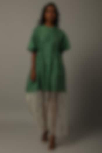 Green Embroidered Summer Dress With Smocking by AMITA GUPTA SUSTAINABLE at Pernia's Pop Up Shop