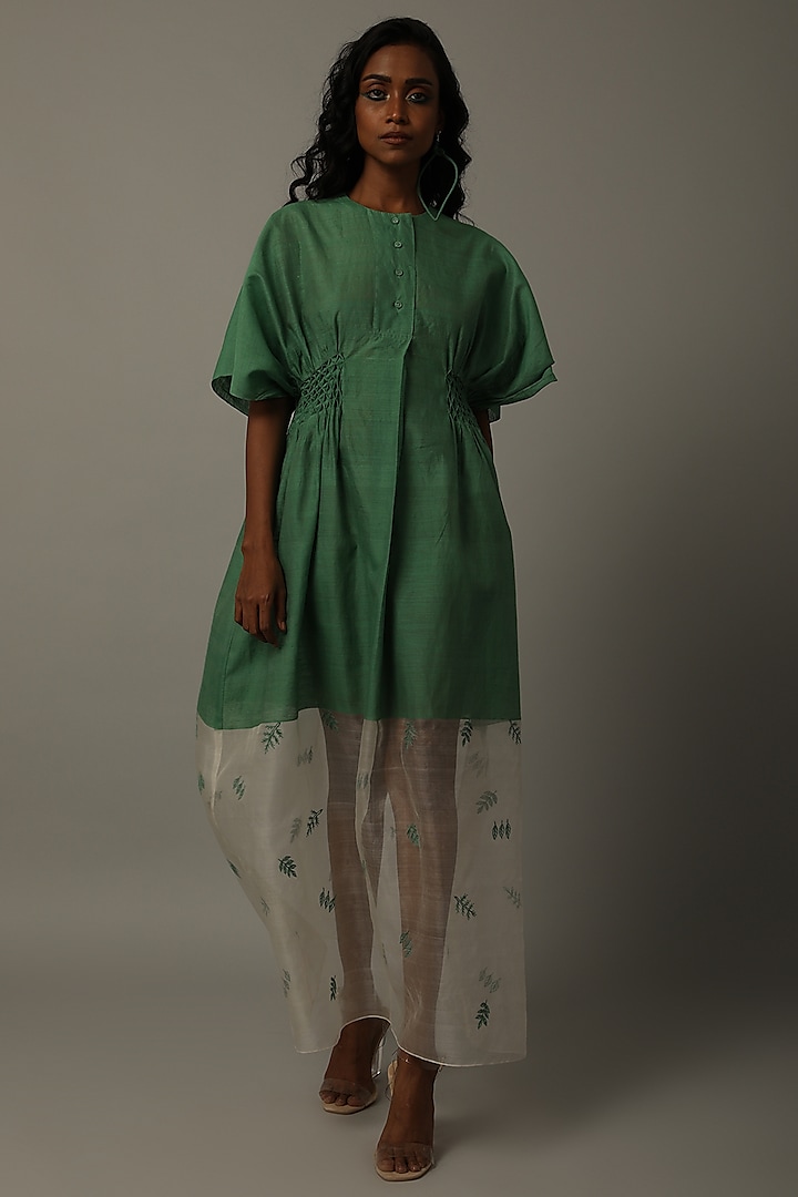 Green Embroidered Dress With Smocking by AMITA GUPTA SUSTAINABLE