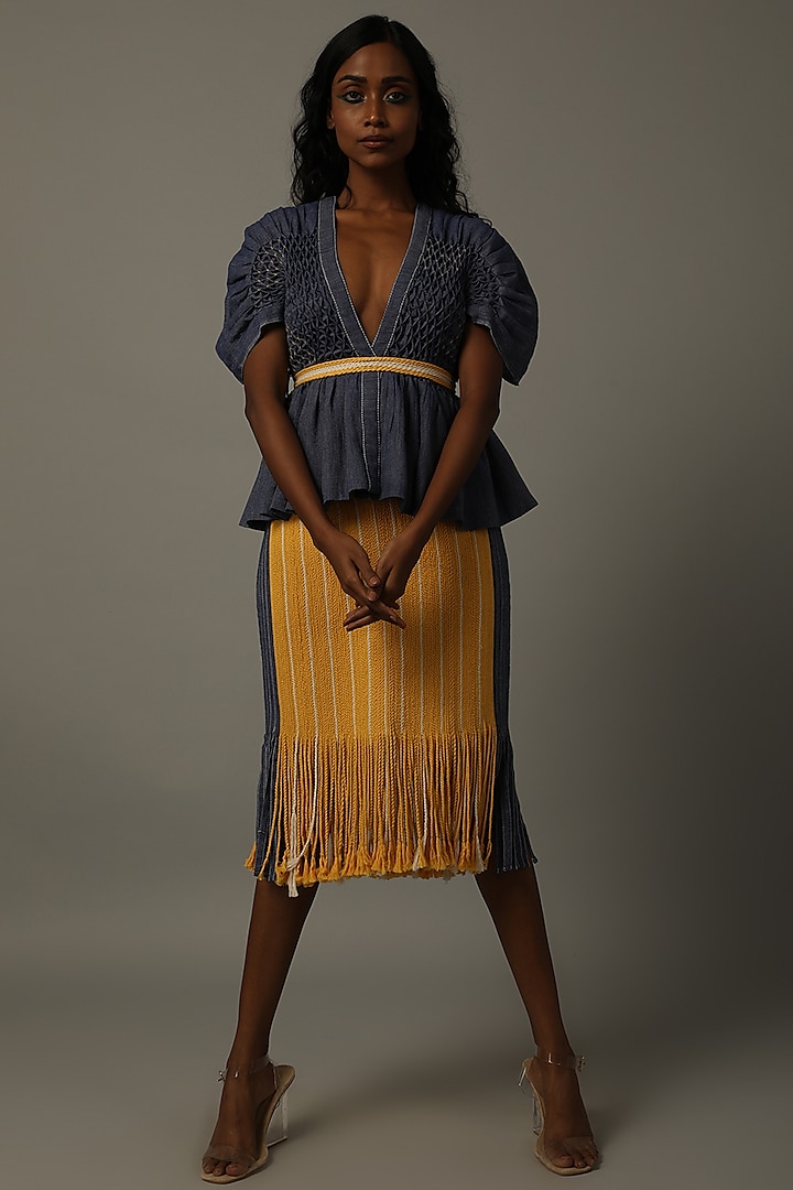 Indigo Blue Top With Yellow Skirt by AMITA GUPTA SUSTAINABLE