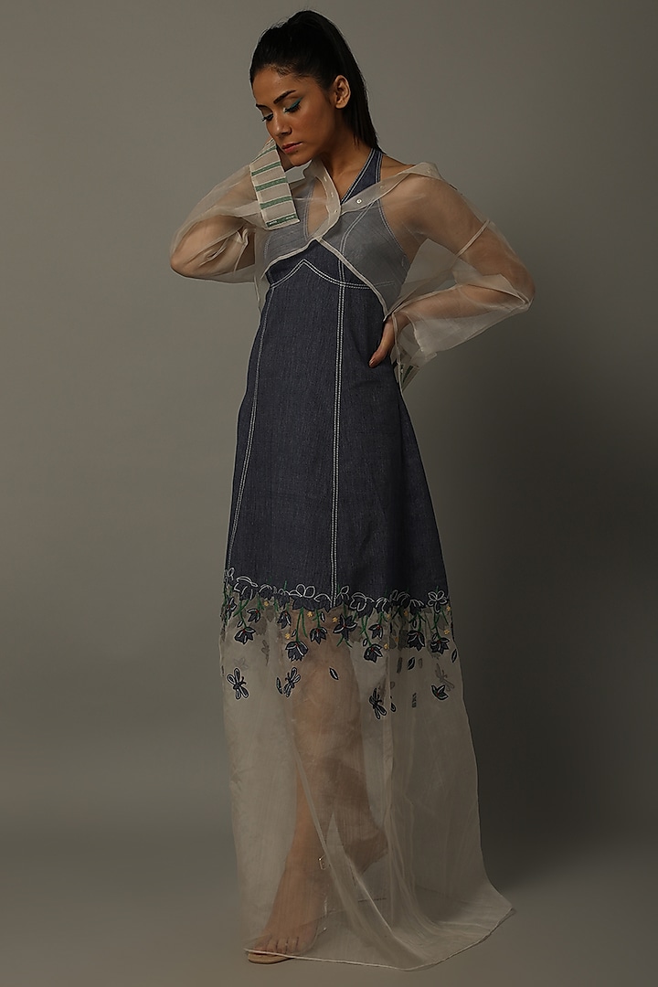 Indigo Blue & White Embroidered Dress With Shirt by AMITA GUPTA SUSTAINABLE