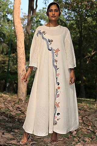 Ivory Hand Embroidered Tunic Dress by Amita Gupta Sustainable