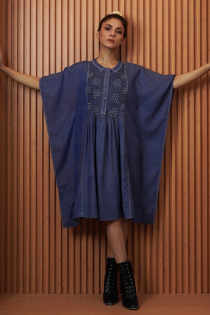 Blue Embroidered Denim Dress by AMITA GUPTA SUSTAINABLE at Pernia's Pop Up Shop