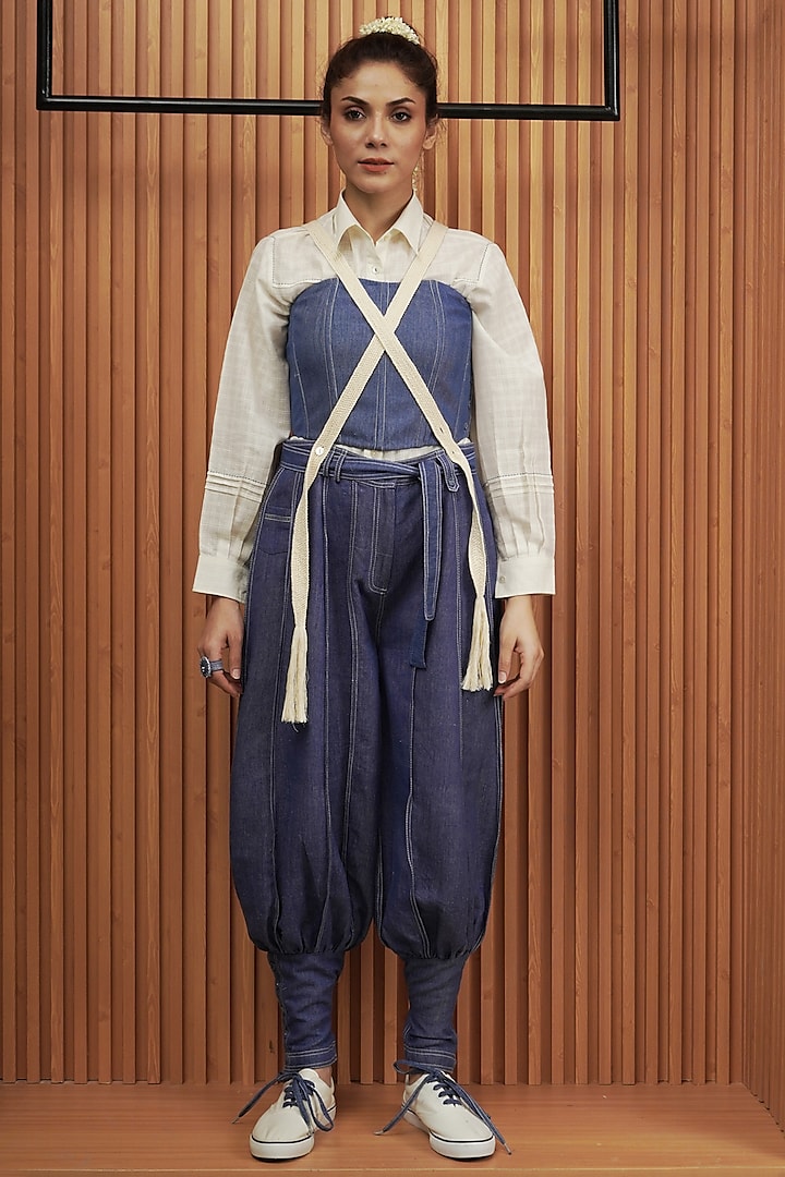 Blue Handwoven Khadi Denim Pants by AMITA GUPTA SUSTAINABLE at Pernia's Pop Up Shop