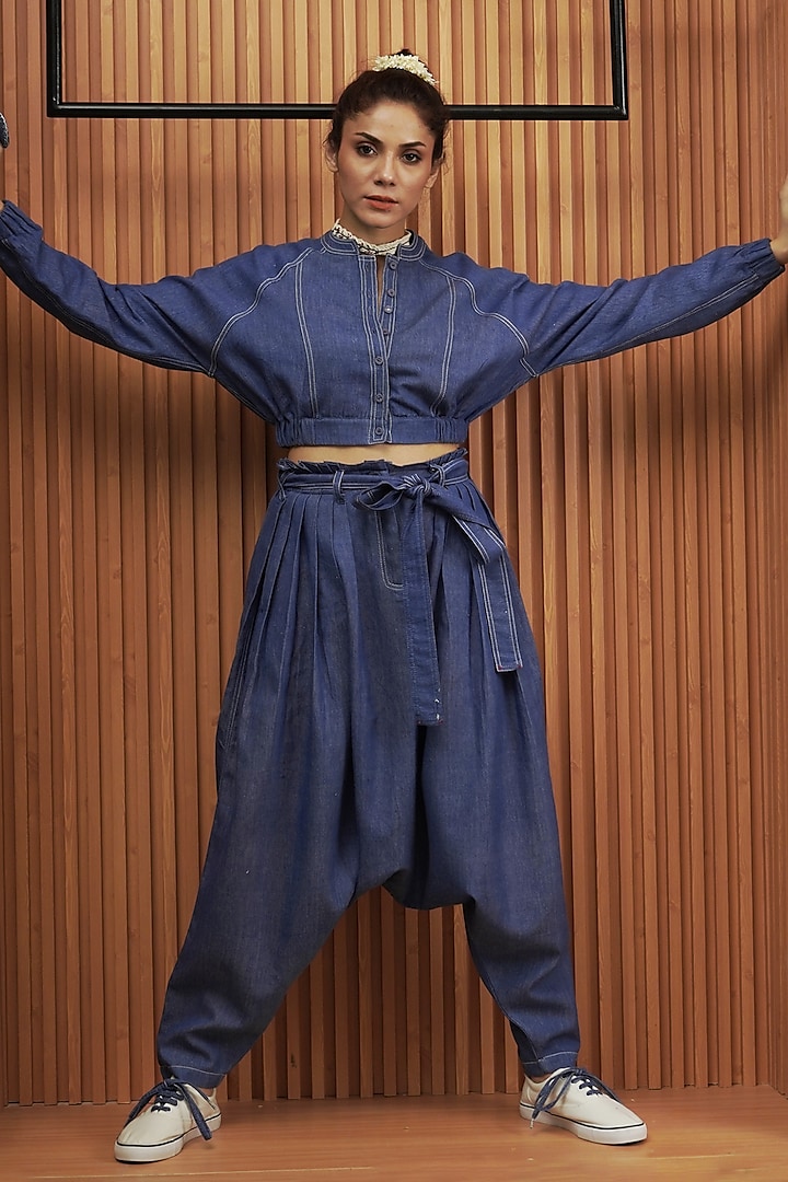 Blue Handwoven Khadi Denim Top by AMITA GUPTA SUSTAINABLE