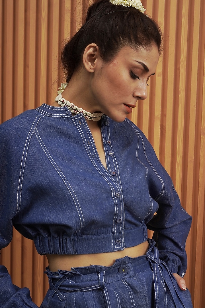 Blue Handwoven Khadi Denim Top by AMITA GUPTA SUSTAINABLE at Pernia's Pop Up Shop