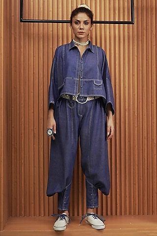 Blue Embellished Denim Top by AMITA GUPTA SUSTAINABLE