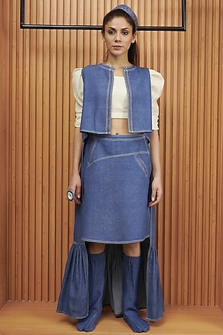 Blue Handwoven Khadi Denim Skirt Set by AMITA GUPTA SUSTAINABLE