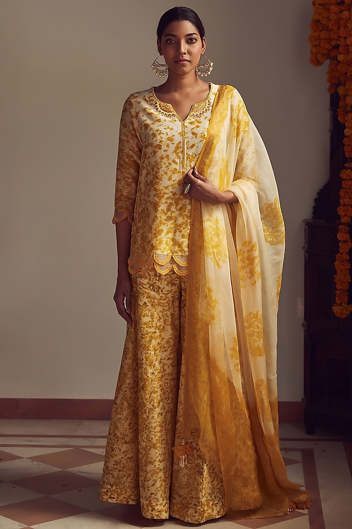 Yellow Printed Sharara Set by Amita Gupta Sustainable
