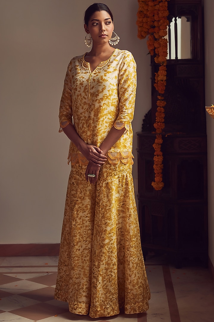 Yellow Printed Wedding Sharara Set by Amita Gupta Sustainable at Pernia's Pop Up Shop