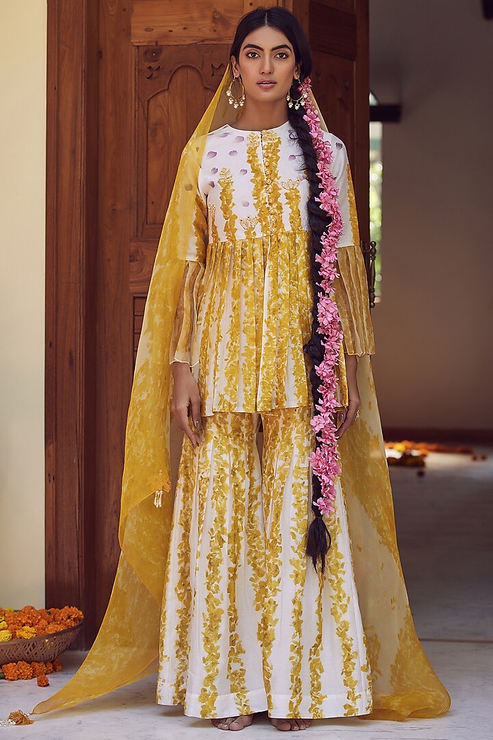 Ivory & Yellow Silk Chanderi Sharara Set by Amita Gupta Sustainable