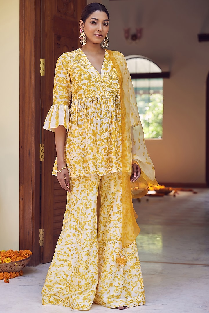 Ivory & Yellow Printed Sharara Set by Amita Gupta Sustainable