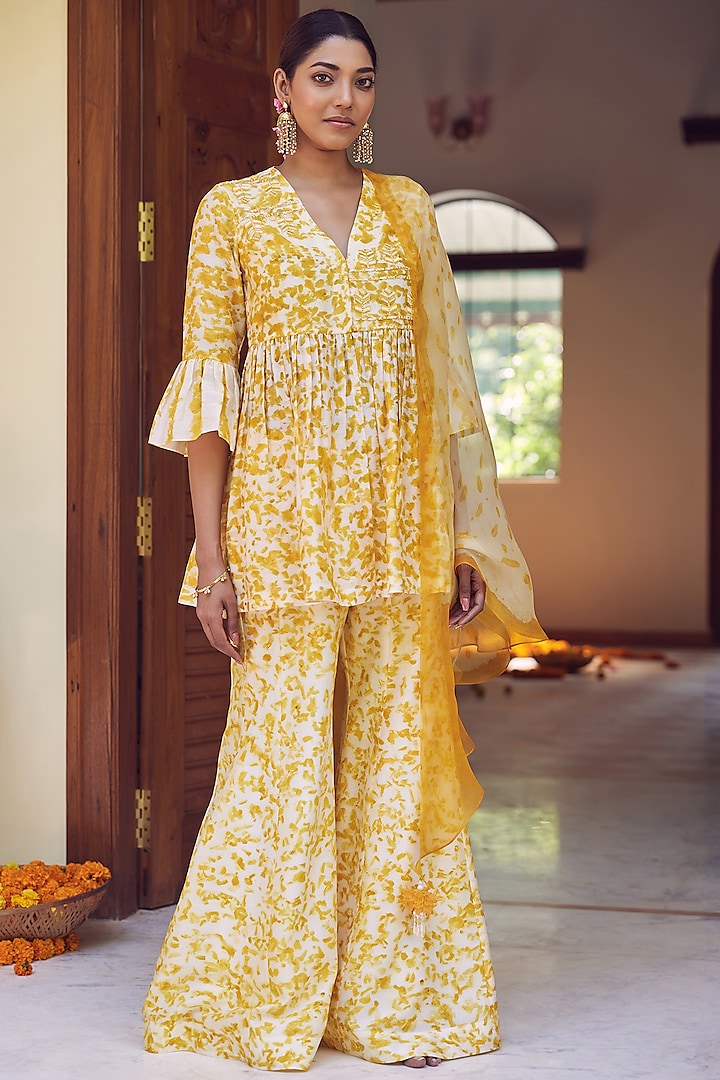 Ivory & Yellow Printed Sharara Set by Amita Gupta Sustainable at Pernia's Pop Up Shop