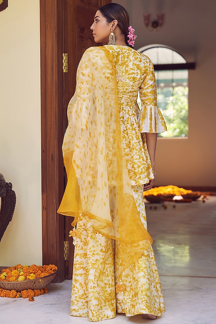 Ivory & Yellow Printed Wedding Sharara Set by Amita Gupta Sustainable at Pernia's Pop Up Shop