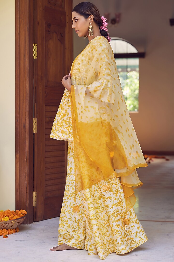 Ivory & Yellow Printed Wedding Sharara Set by Amita Gupta Sustainable at Pernia's Pop Up Shop