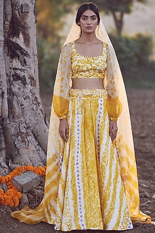 Ivory & Yellow Hand Embroidered Lehenga Set by Amita Gupta Sustainable